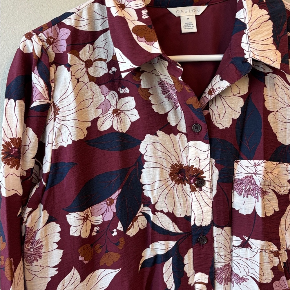 Caslon Burgundy and Navy Floral Blouse tiered mini dress - Picture 2 of 6